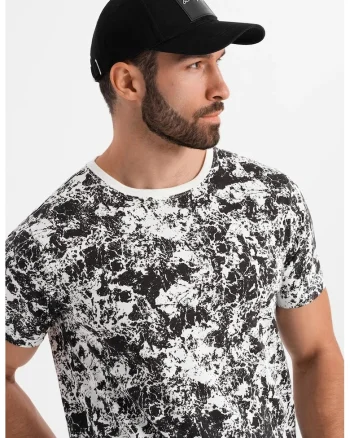 Tricou cu decolteu la baza gatului si model tie-dye, Negru/Alb optic