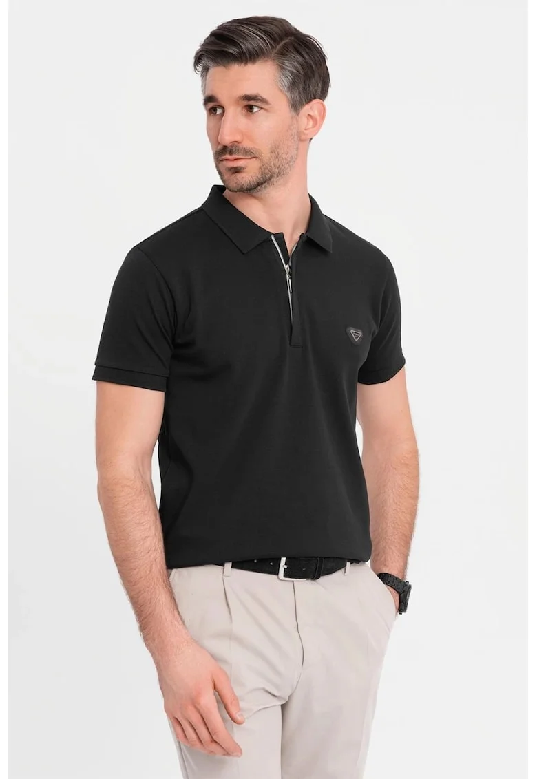 Tricou polo cu fenta cu fermoar, Negru
