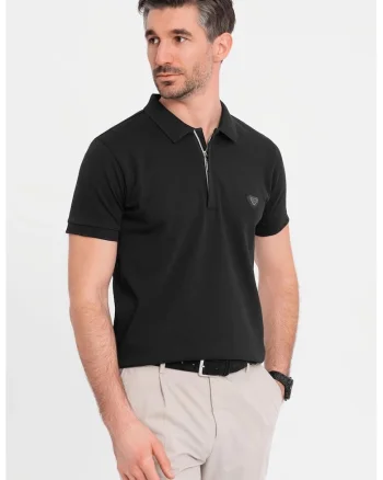 Tricou polo cu fenta cu fermoar, Negru