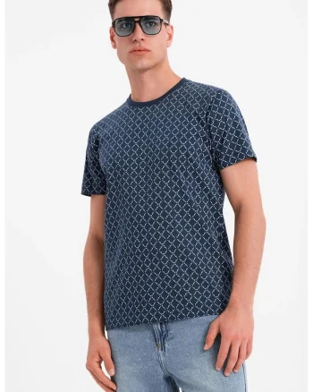 Tricou cu decolteu la baza gatului si model geometric, Alb murdar/Bleumarin