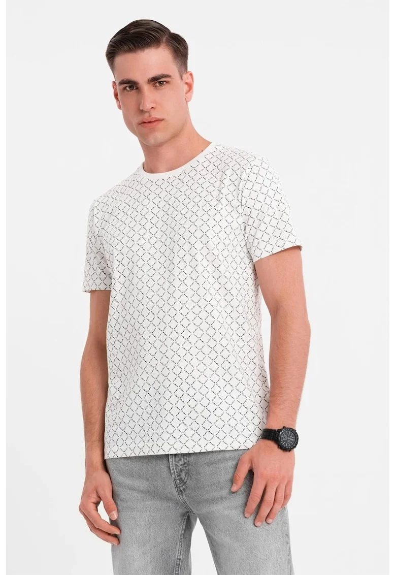 Tricou cu decolteu la baza gatului si model geometric, Alb/Negru