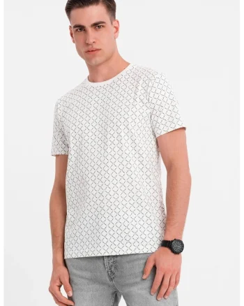 Tricou cu decolteu la baza gatului si model geometric, Alb/Negru