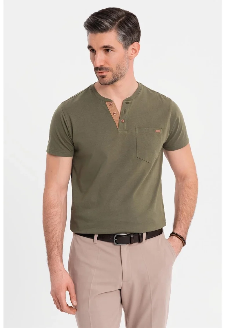 Tricou din bumbac cu fenta cu nasturi, Verde inchis
