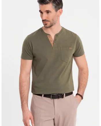 Tricou din bumbac cu fenta cu nasturi, Verde inchis