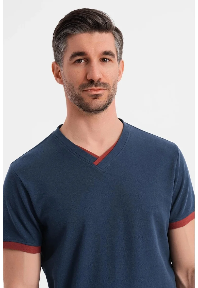 Tricou din bumbac cu decolteu in V, Bleumarin