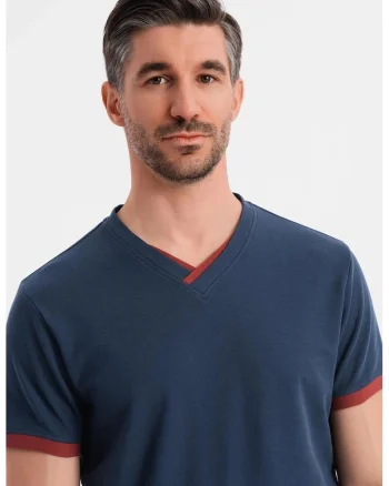 Tricou din bumbac cu decolteu in V, Bleumarin