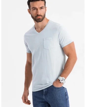 Tricou uni cu decolteu in V, Albastru glaciar