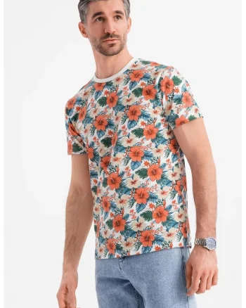 Tricou din bumbac cu model floral, Alb/Verde/Portocaliu