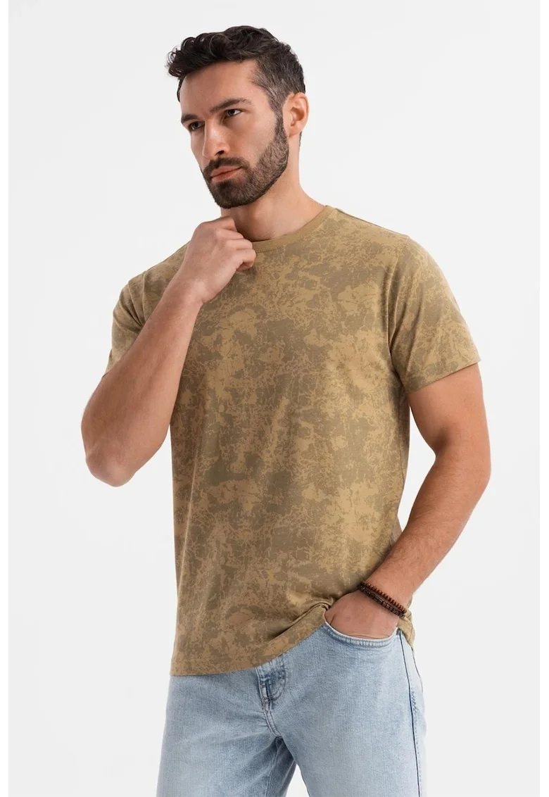Tricou cu decolteu la baza gatului si model tie-dye, Caramel