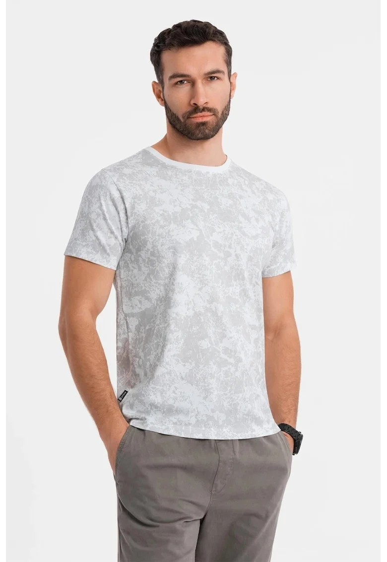 Tricou cu decolteu la baza gatului si model tie-dye, Alb/Gri deschis