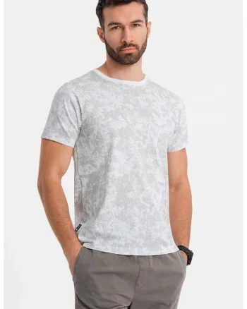 Tricou cu decolteu la baza gatului si model tie-dye, Alb/Gri deschis