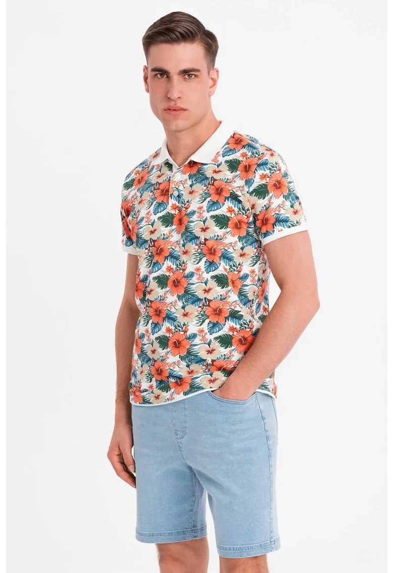 Tricou polo cu model floral, Alb/Portocaliu/Albastru