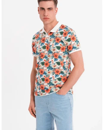 Tricou polo cu model floral, Alb/Portocaliu/Albastru
