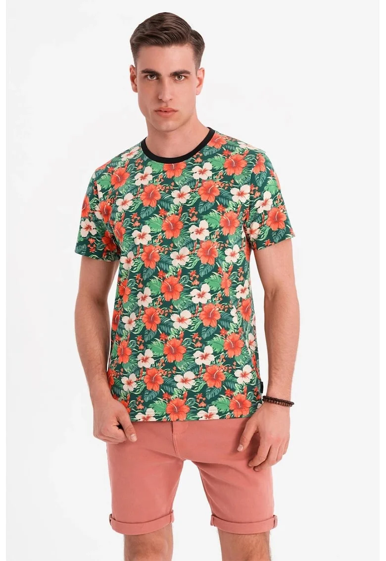 Tricou din bumbac cu model floral, Verde/Negru/Portocaliu