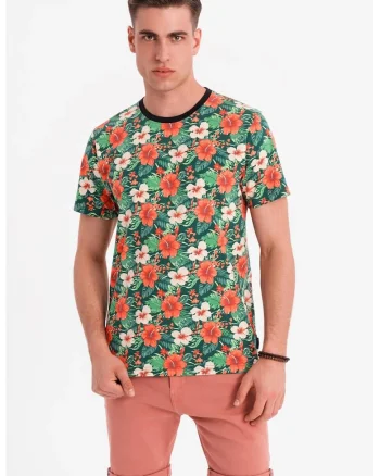 Tricou din bumbac cu model floral, Verde/Negru/Portocaliu