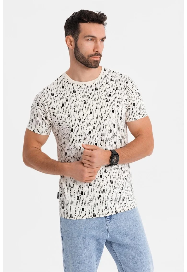 Tricou de bumbac cu model text, Negru/Crem