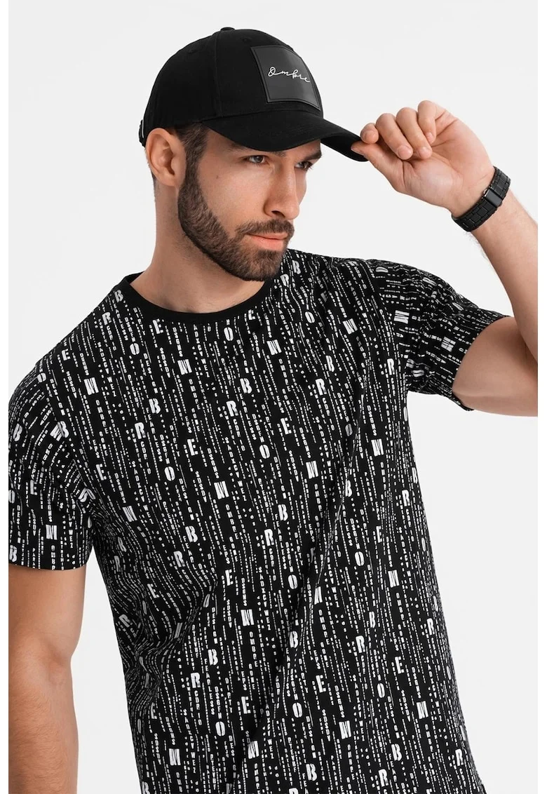 Tricou de bumbac cu model text, Alb/Negru