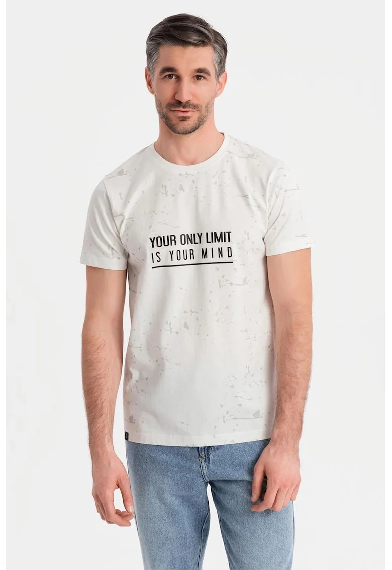 Tricou cu imprimeu si decolteu la baza gatului, Negru/Alb murdar