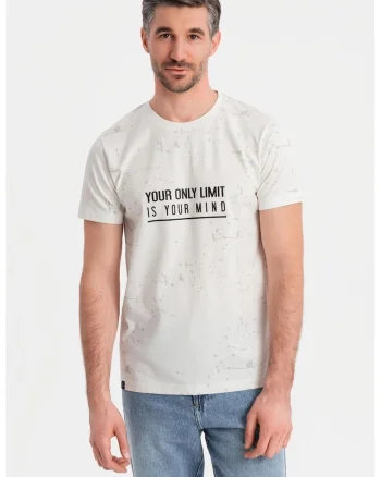 Tricou cu imprimeu si decolteu la baza gatului, Negru/Alb murdar