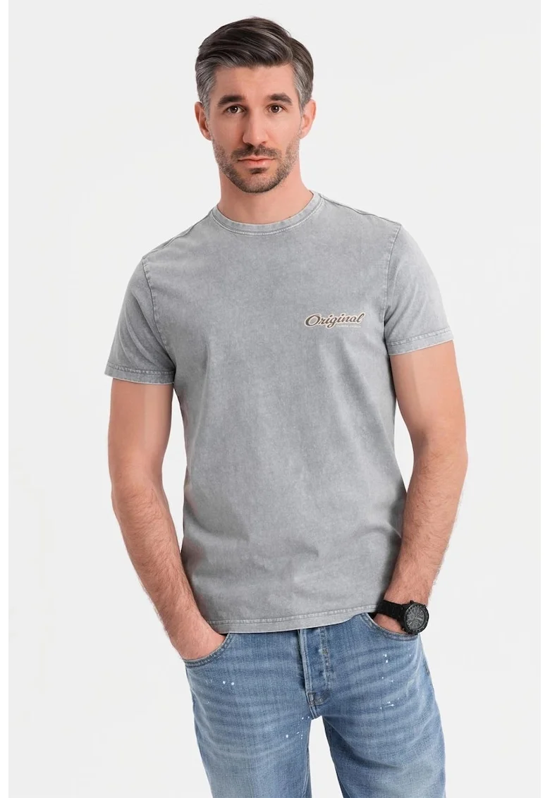 Tricou cu decolteu la baza gatului si imprimeu pe spate, Gri