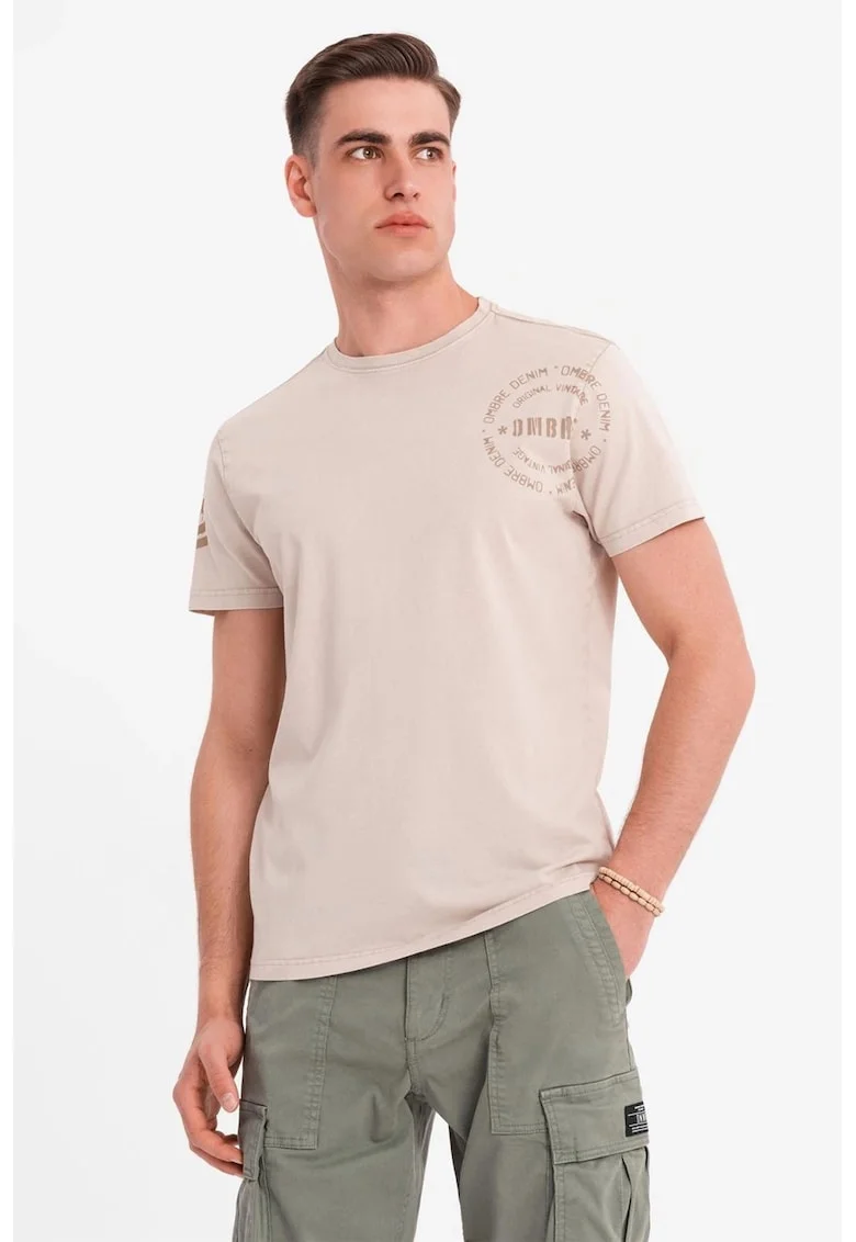 Tricou de bumbac cu decolteu la baza gatului, Bej