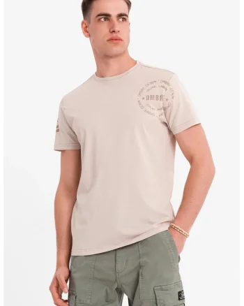 Tricou de bumbac cu decolteu la baza gatului, Bej