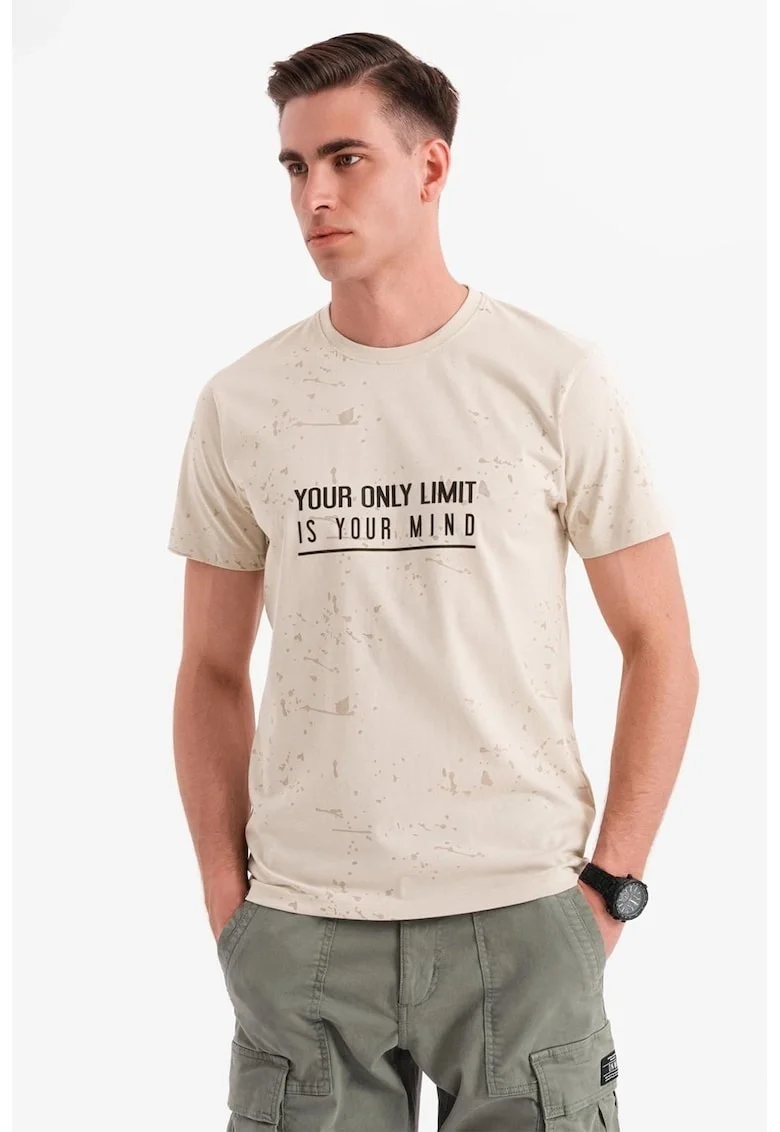 Tricou cu imprimeu si decolteu la baza gatului, Negru/Bej