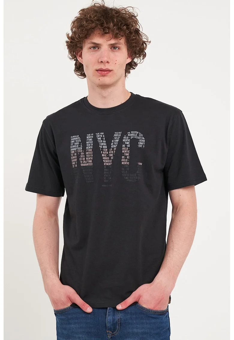 Tricou de bumbac cu imprimeu text, Gri antracit