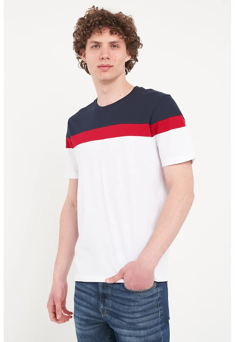 Tricou de bumbac cu decolteu la baza gatului, Rosu/Alb/Albastru ultramarin