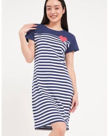 Rochie-tricou cu dungi, Alb/Coral/Bleumarin