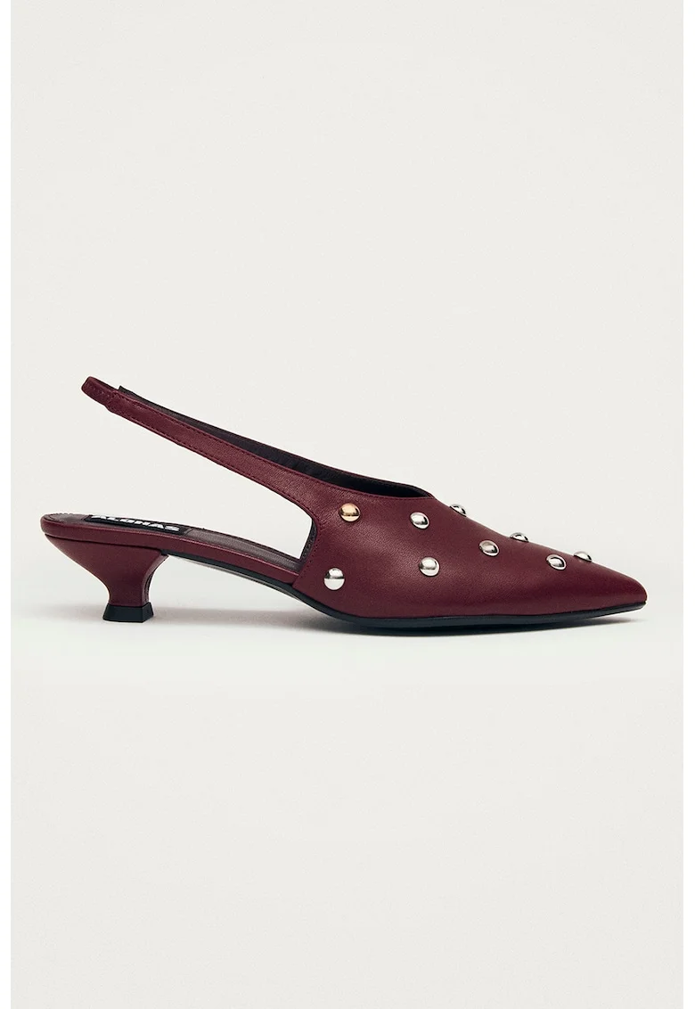 Pantofi din piele cu varf ascutit si toc kitten, Rosu inchis/Argintiu