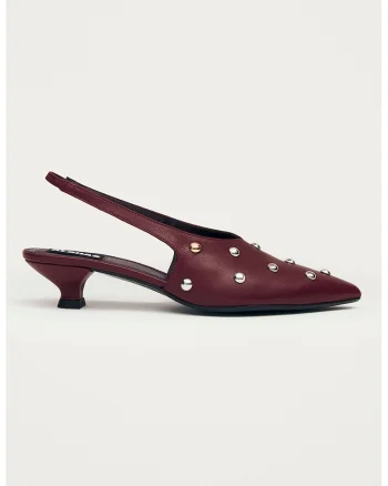 Pantofi din piele cu varf ascutit si toc kitten, Rosu inchis/Argintiu