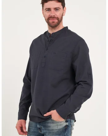 Bluza cu guler henley si buzunare pe piept, Negru stins