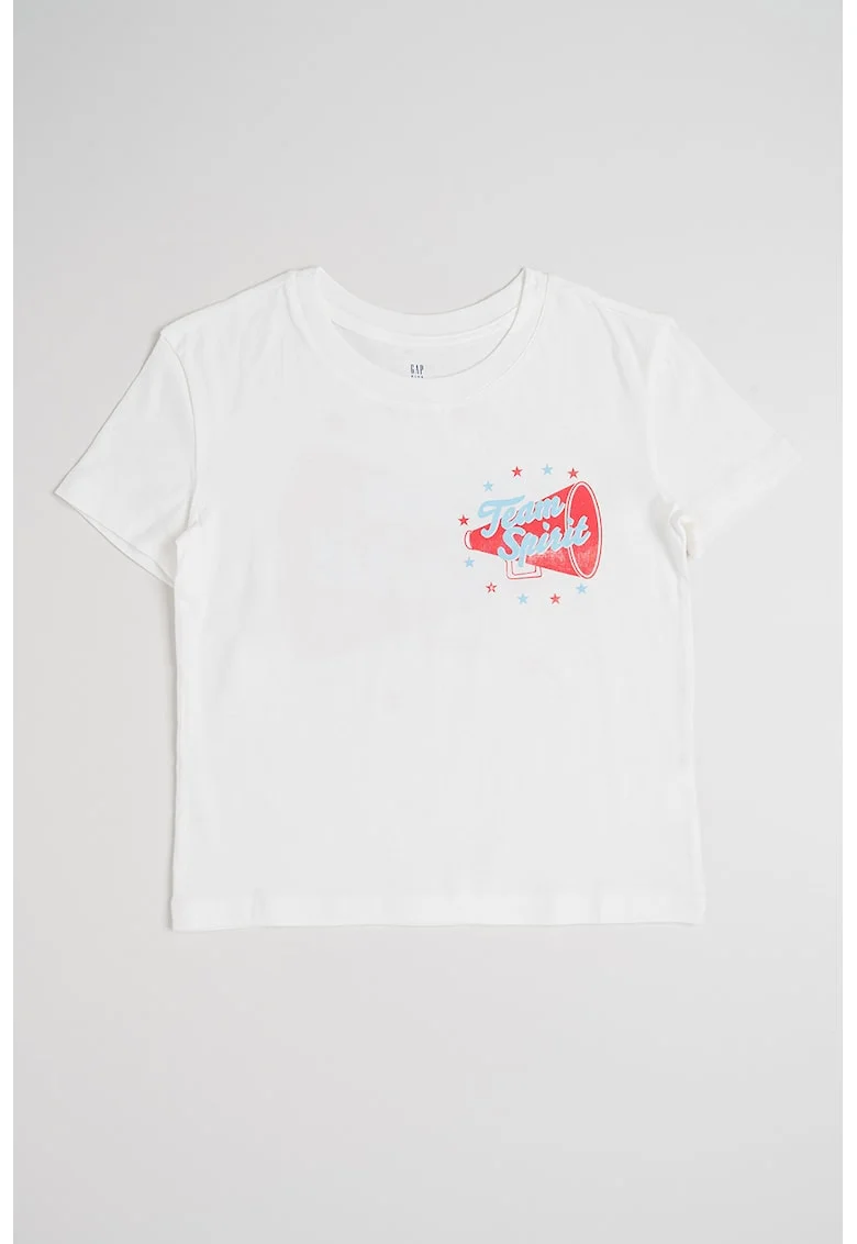 Tricou cu decolteu la baza gatului, cu imprimeu, Rosu/Alb/Albastru deschis