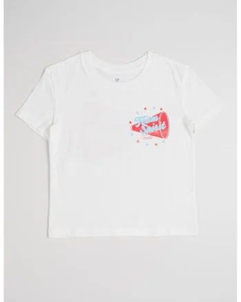 Tricou cu decolteu la baza gatului, cu imprimeu, Rosu/Alb/Albastru deschis
