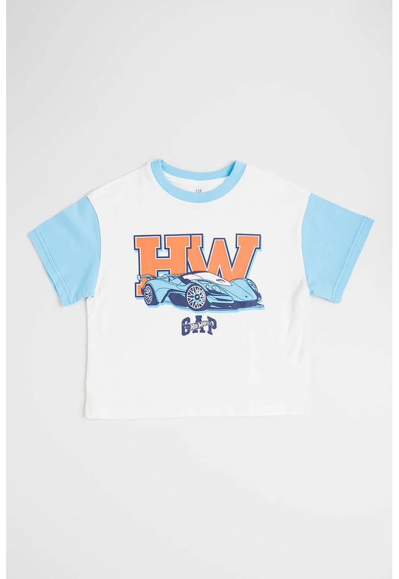 Tricou cu imprimeu Hot Wheels, Alb/Portocaliu neon/Albastru
