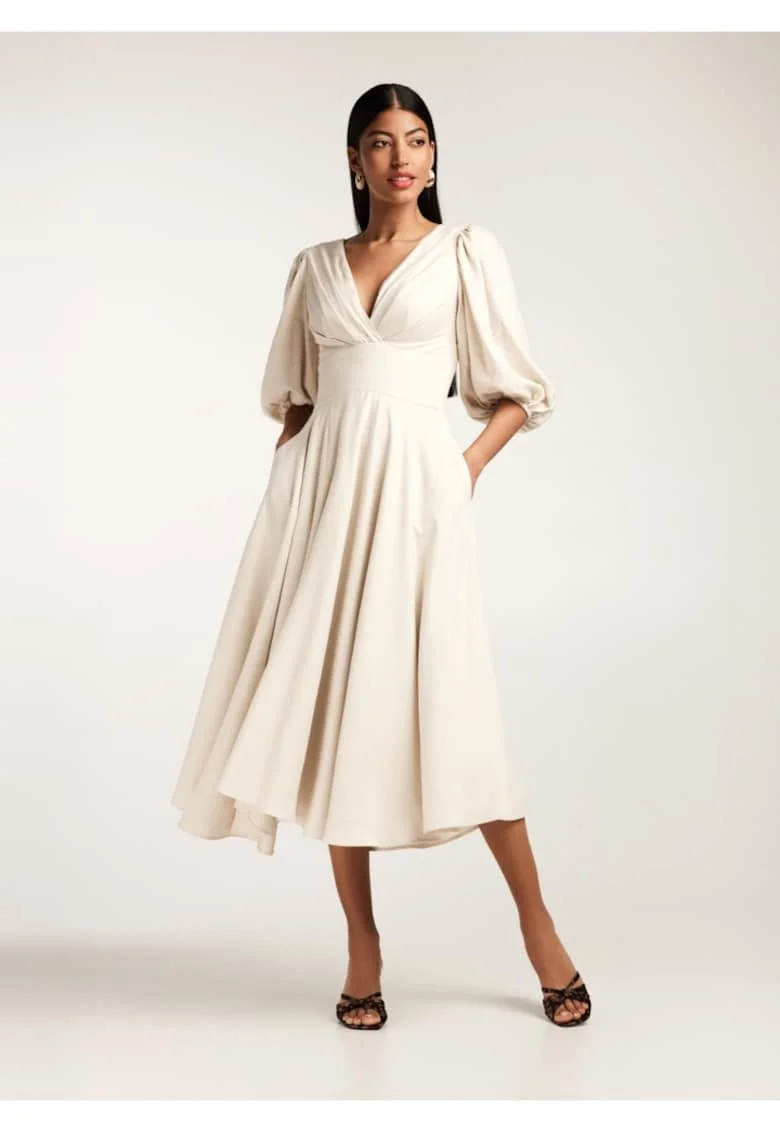 Rochie midi cu croiala in A, din amestec de bambuc, cu maneci bufante