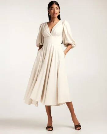 Rochie midi cu croiala in A, din amestec de bambuc, cu maneci bufante