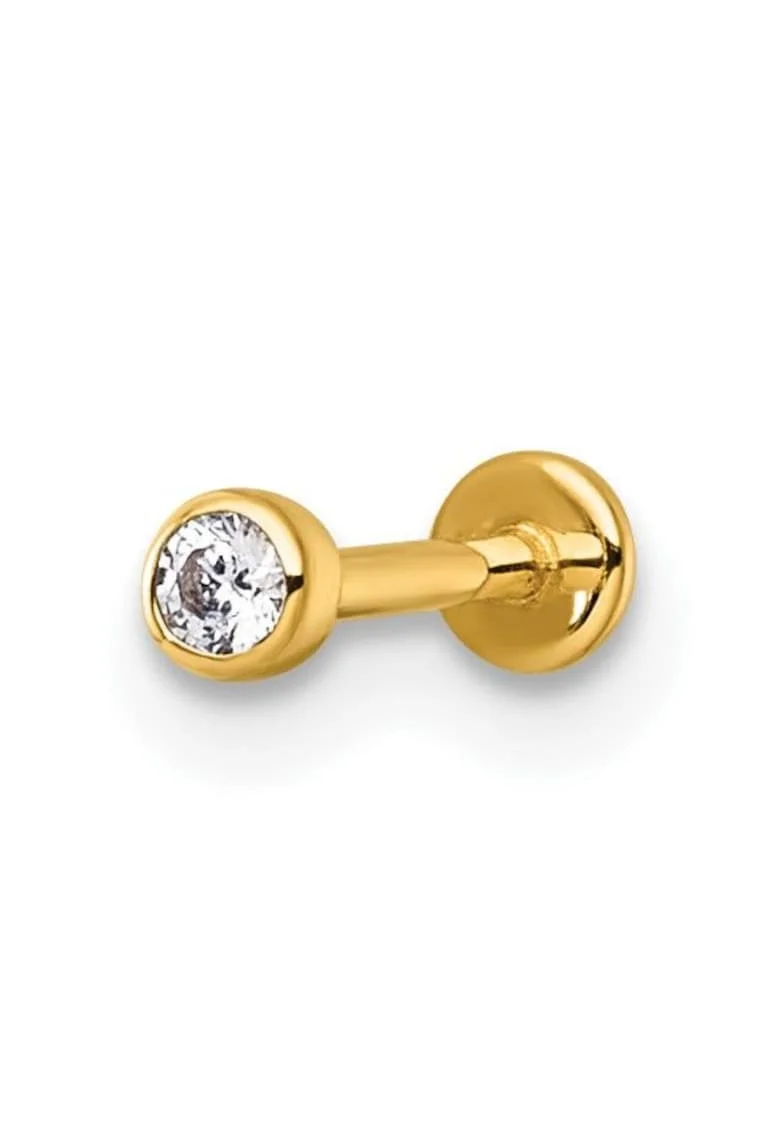 Piercing Labret din Aur 14K, cu Piatra CZ alba de 2.5mm, Prindere Push-in si Spate Plat – Ideal pentru Upper Lobe