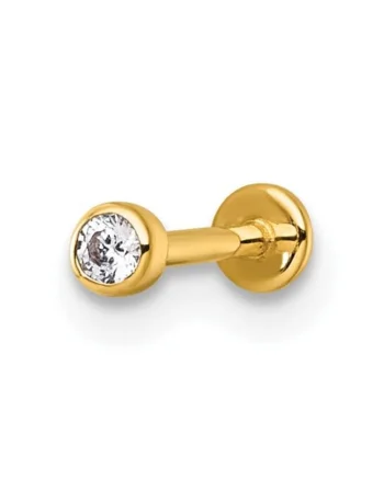Piercing Labret din Aur 14K, cu Piatra CZ alba de 2.5mm, Prindere Push-in si Spate Plat – Ideal pentru Upper Lobe