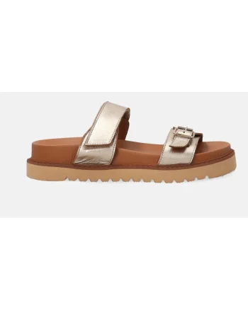 Papuci din piele cu catarama si bareta cu inchidere velcro