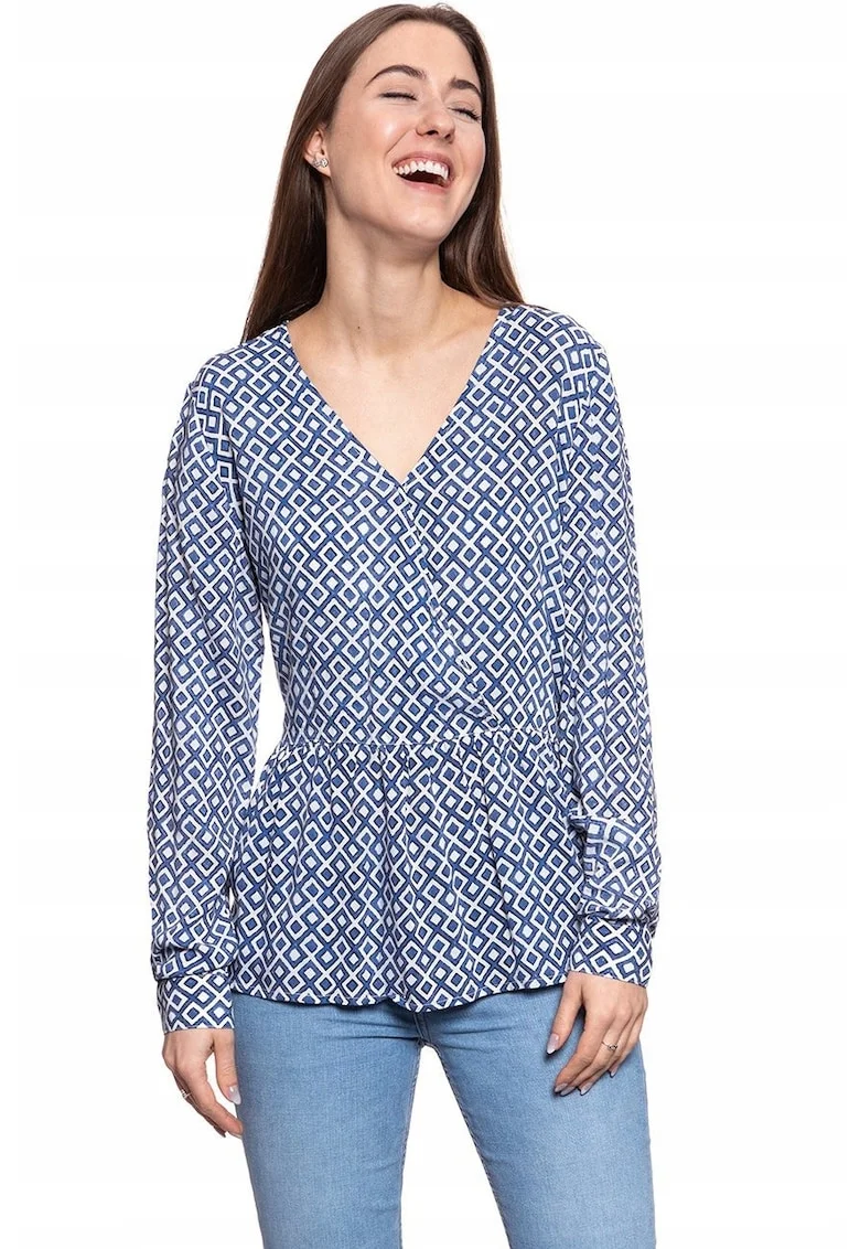 Bluza Dama,  Erika V Printed, Croi Normal, Fara Inchidere, Maneci Lungi, 100% Bumbac, Marime S, Albastru