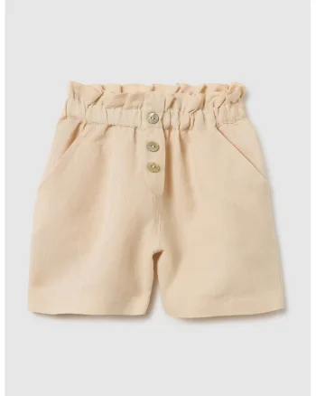 Pantaloni scurti din amestec de in cu talie inalta, Bej