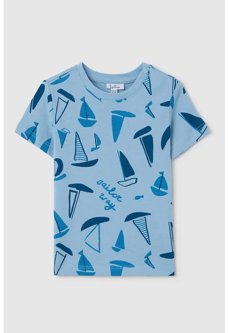 Tricou cu decolteu la baza gatului si imprimeu, Albastru inchis