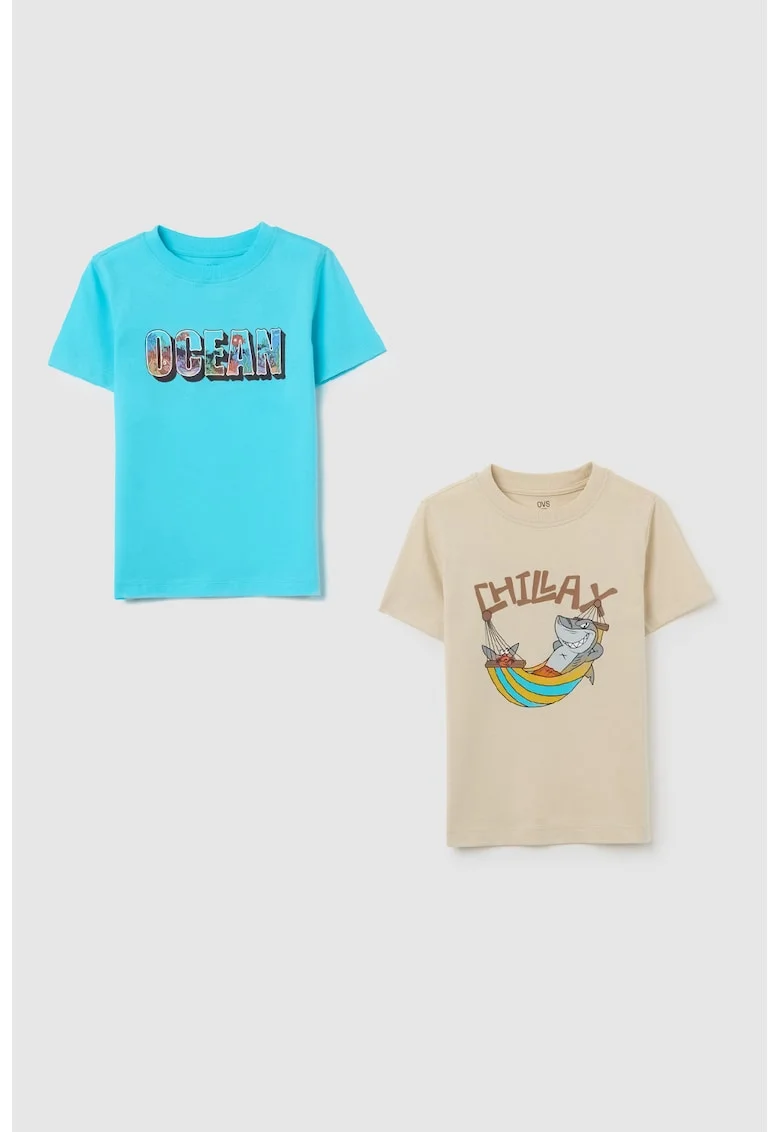 Set de tricou de bumbac cu model grafic - 2 piese, Albastru glaciar/Maro camel