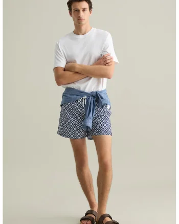 Pantaloni scurti de baie cu snur, Alb/Albastru inchis