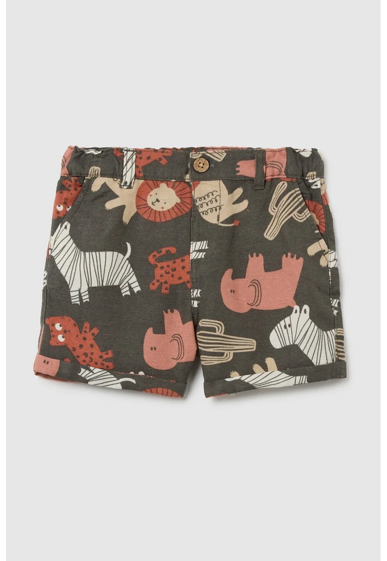 Pantaloni scurti din amestec de in cu model cu animale, Portocaliu/Verde feriga