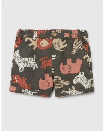 Pantaloni scurti din amestec de in cu model cu animale, Portocaliu/Verde feriga