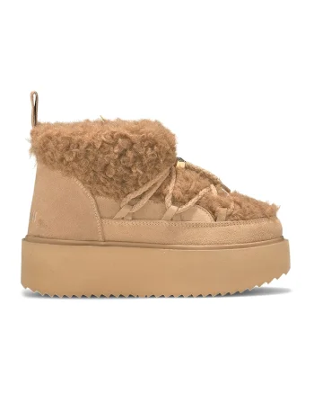 Ghete flatform cu garnituri de piele introarsa si lana, Bej