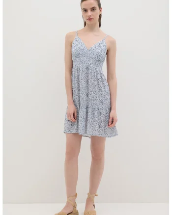 Rochie mini cu decolteu in V si model floral, Alb/Albastru deschis
